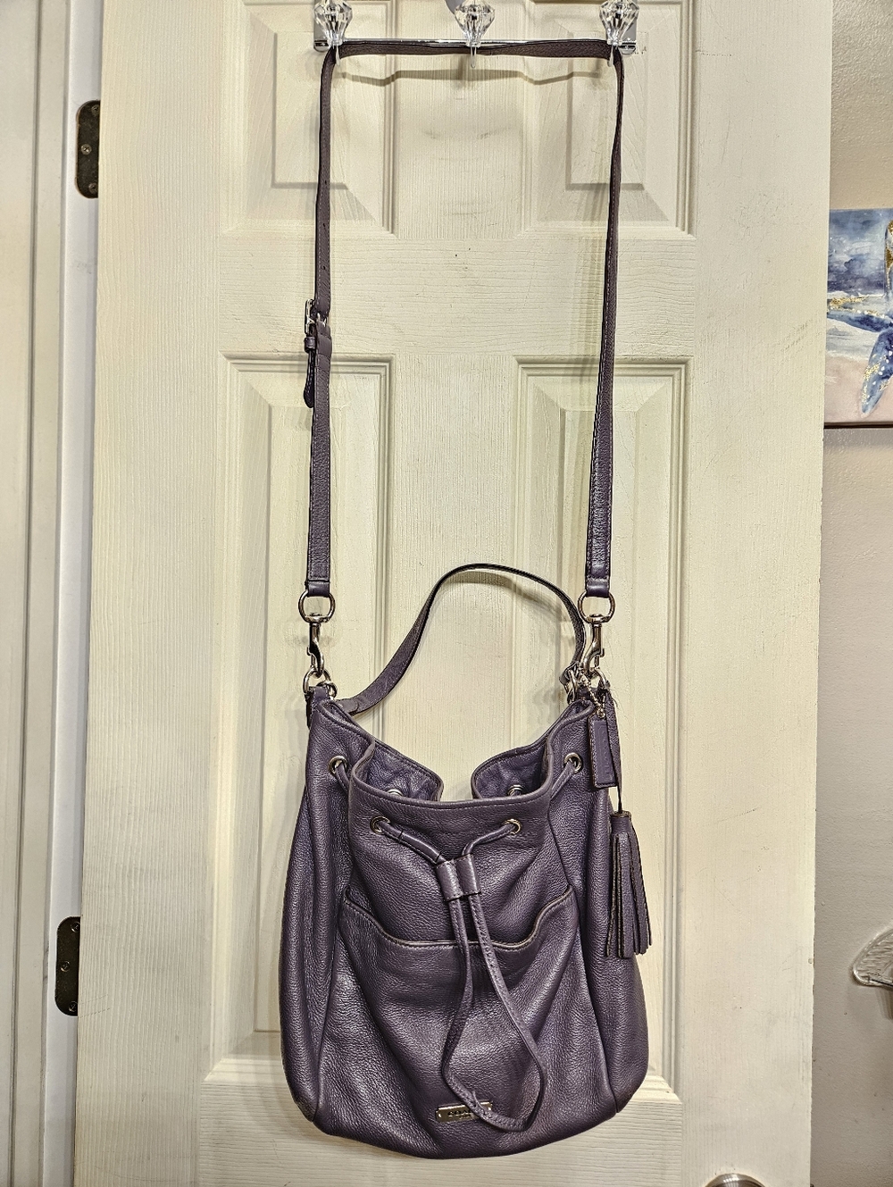 Coach Avery grey purple leather drawstring bucket hobo crossbody handbag purse - Picture 3 of 13